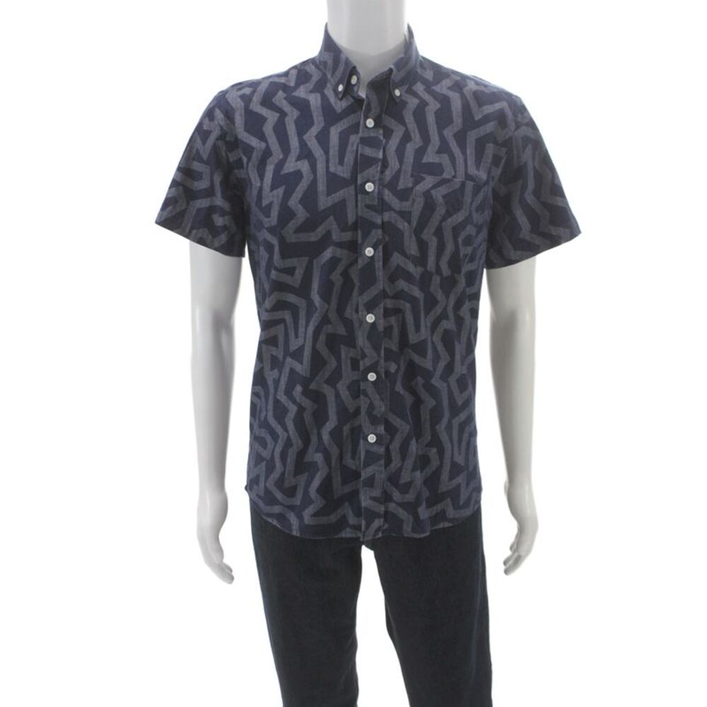 Saturdays NYC Mens Button Front Short Sleeve Collared Shirt Blue Cotton Medium